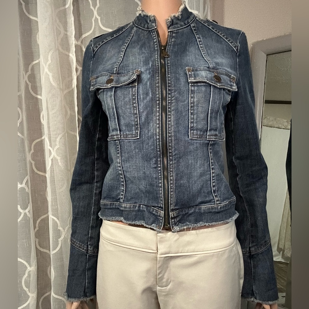 Joie Dark Blue Jean Jacket with Frayed Details